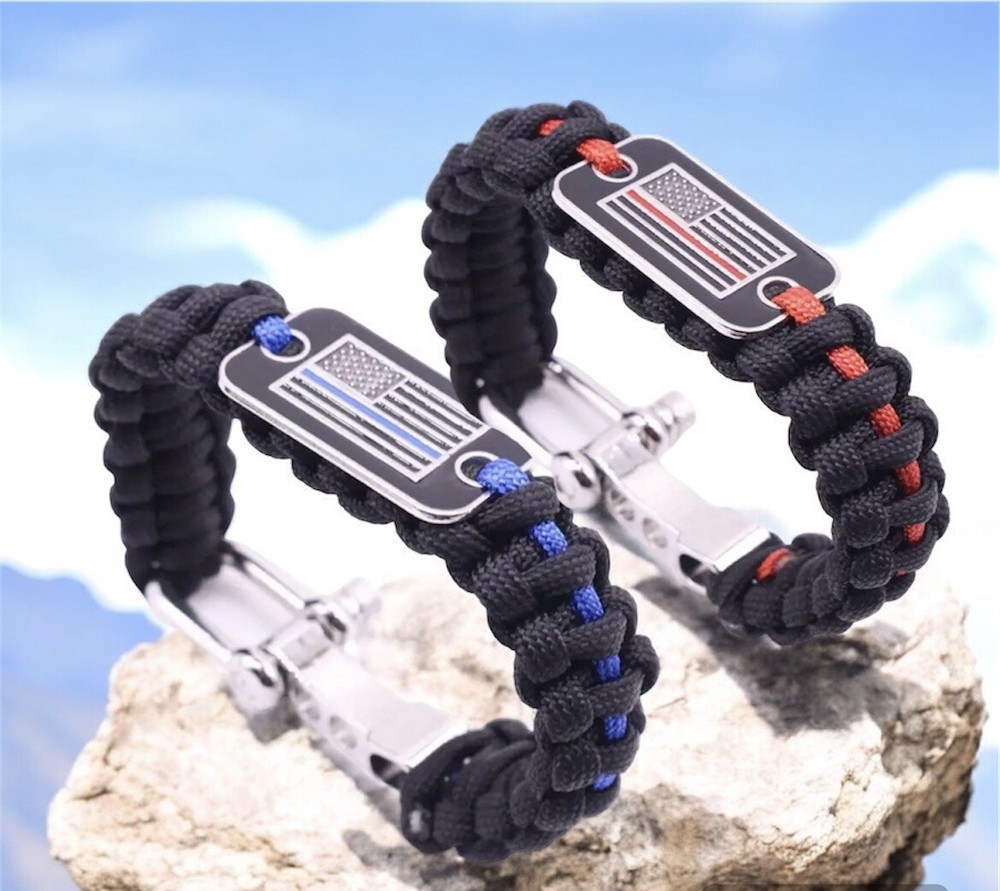 PARACORD SURVIVAL BRACELET WITH AN AMERICAN FLAG, POLICE, FIRE DEPARTMENT, NEW