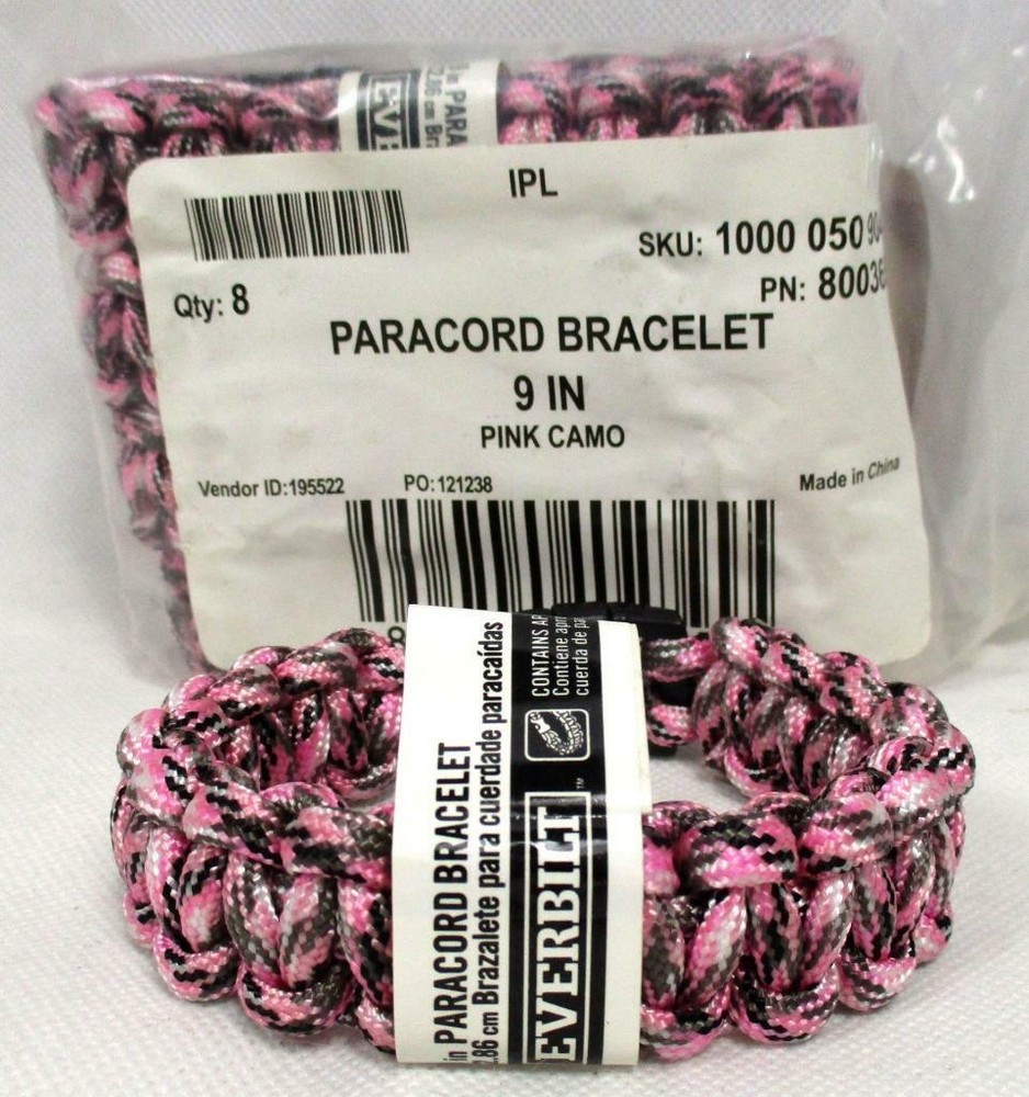 Lot of 8 Everbilt 9″ Paracord Emergency Survival Bracelet Pink Camo Hiking A-3