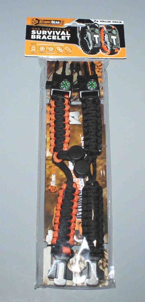 2 – Paracord Bracelet Loud Whistle Emergency Compass w/ Fire Starter for Camping