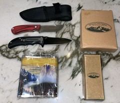 2 knives, one sleeve, one flask, Woodland Creek Be Outdoor Ready Survival Knife