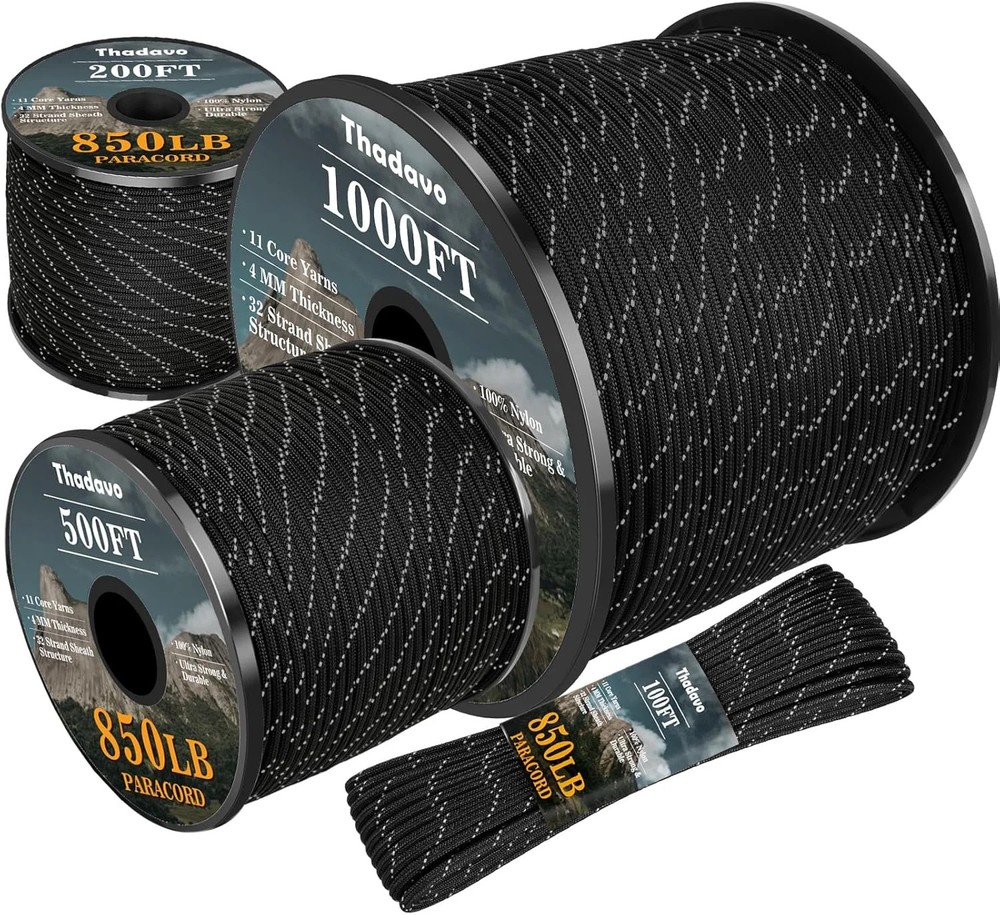 Reflective Paracord Rope 850Ib, Black 100FT, Parachute Cord for Tent Camping Hik