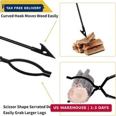42″ Fire Tongs Firewood Log Grabbers and Fire Poker Set, Portable Detachable Hea