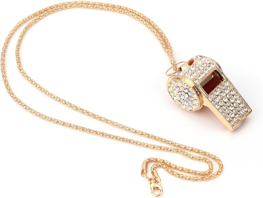 2Pcs Bling Whistle Necklace Crystal Rhinestone Loud Metal Whistle with Chain