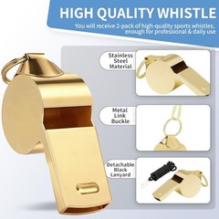 Whistle, 2 Pack Stainless Steel Sports Whistles with Lanyard, Loud Crisp Gold