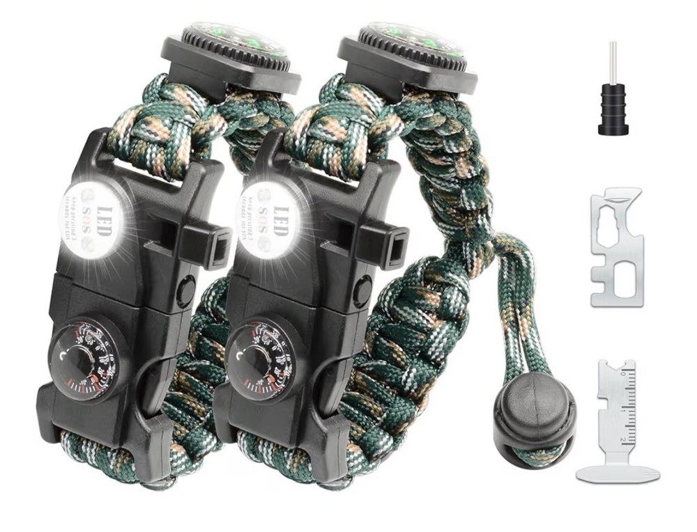 20 in 1 Survival Paracord Bracelet Adjustable Gear Kit with SOS LED Light (2 Pk)