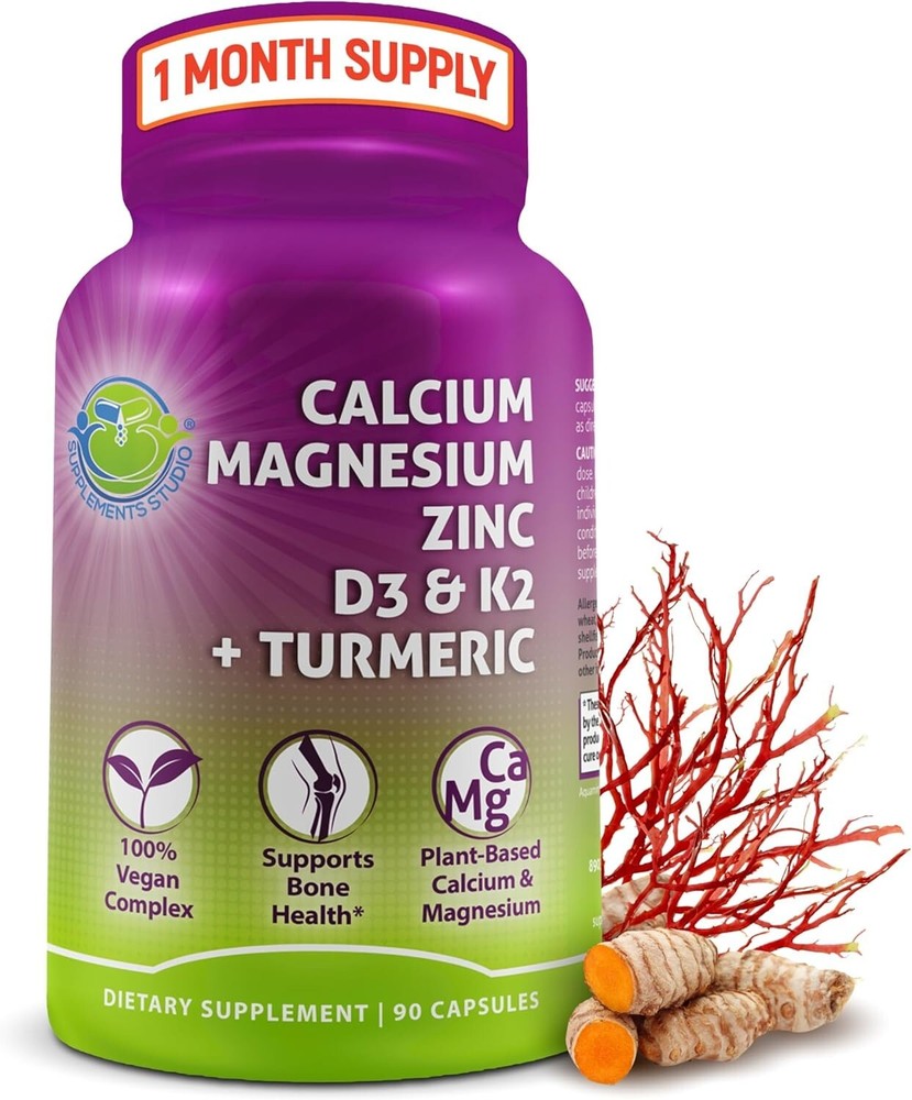 Plant-Based Vegan Calcium Magnesium Zinc D3 + Vitamin K2, Organic Turmeric