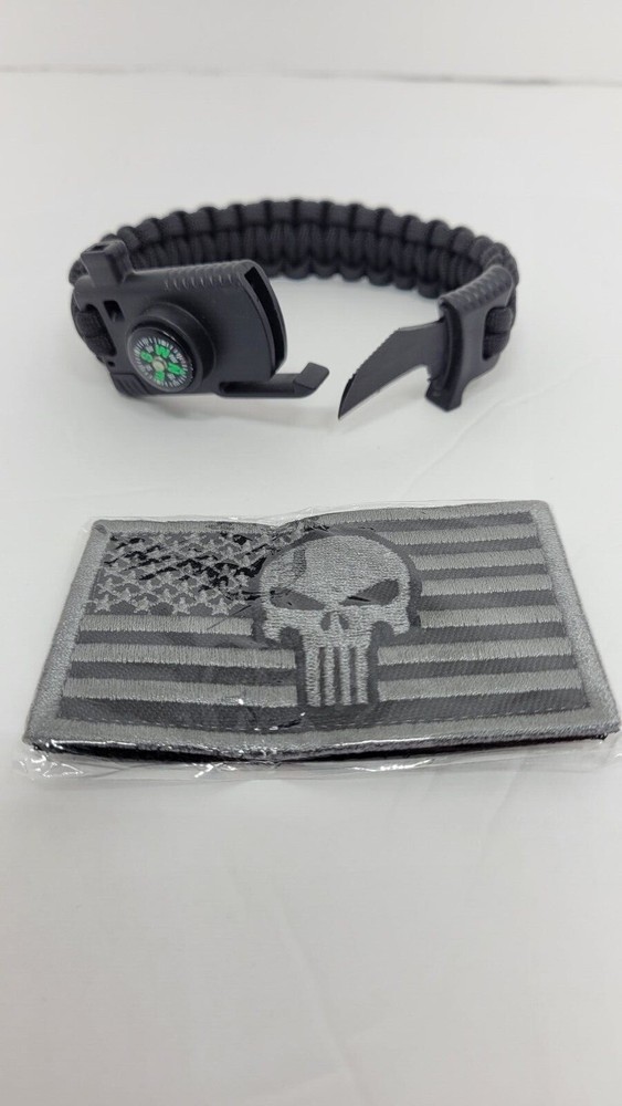 Paracord Survival Hiking Bracelet with blade and Punisher American Flag patch