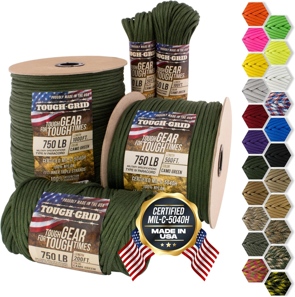 TOUGH-GRID 750 Paracord Rope Nylon Parachute Cord, Made in USA Survival Kit, Out