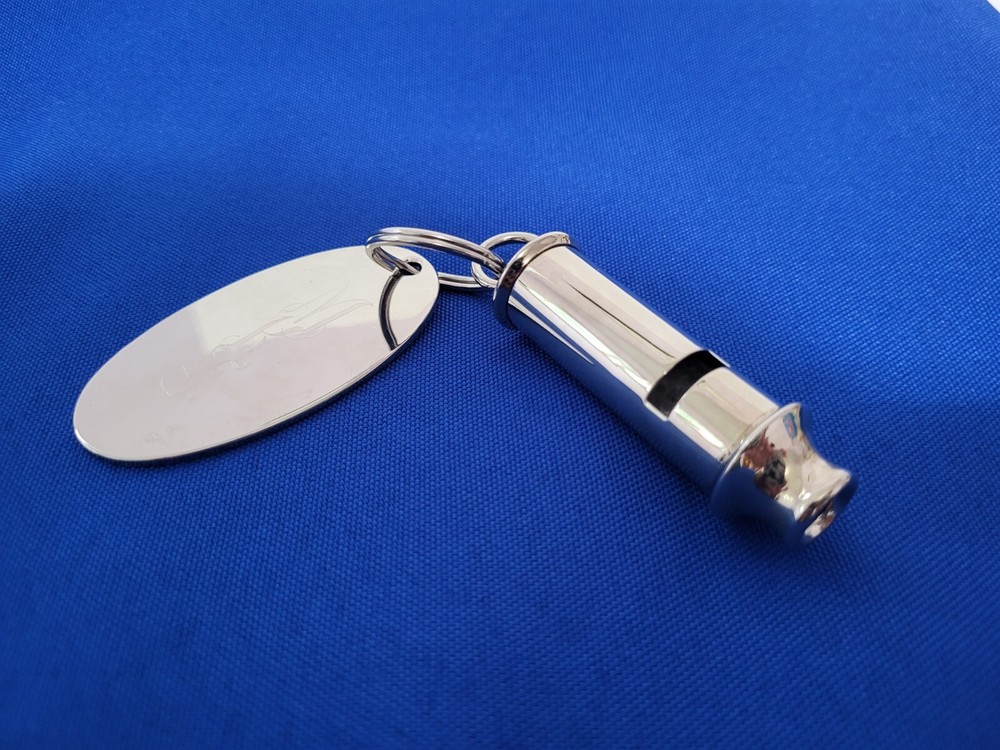 Shiny Nickle Plated Alarm Safety Bobbie Whistle on Monogramed Key Chain