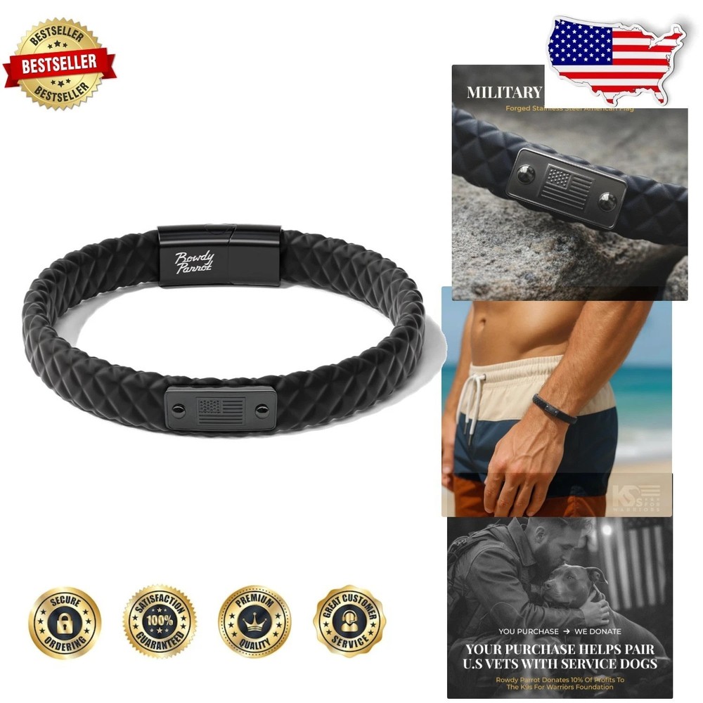 Spartan Mens Bracelet Rubber Stainless Steel Flag Magnetic Closure USA Made Gift