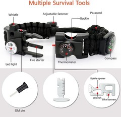 20 in 1 Survival Paracord Bracelet Adjustable Gear Kit with SOS LED Light, Fire