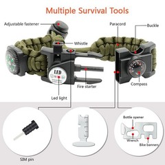 NVioAsport 20 in 1 Paracord Bracelet, Adjustable Gear Kit 7.5 Inch, Green 1PC