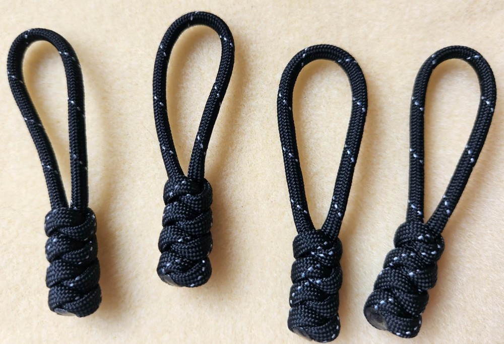 4 Pieces of Black reflective stripes 550 Paracord Zipper Pull Snake knot