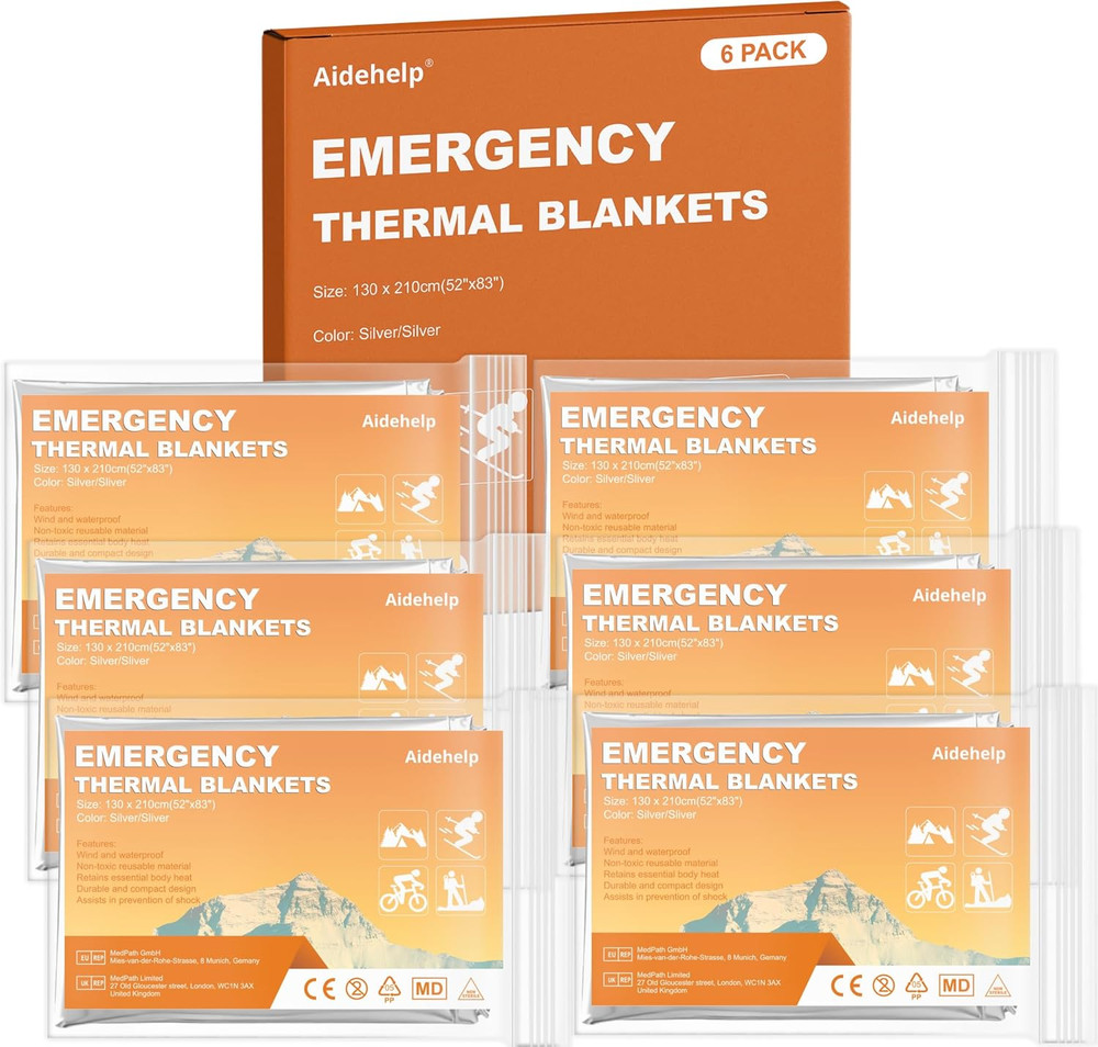 6 Pack Emergency Blankets – Mylar Thermal Space Blankets for Survival and Protec