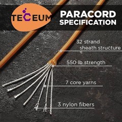 TECEUM Paracord Type III 550 Apricot – 200 ft – 4mm – Tactical Rope MIL-SPEC …