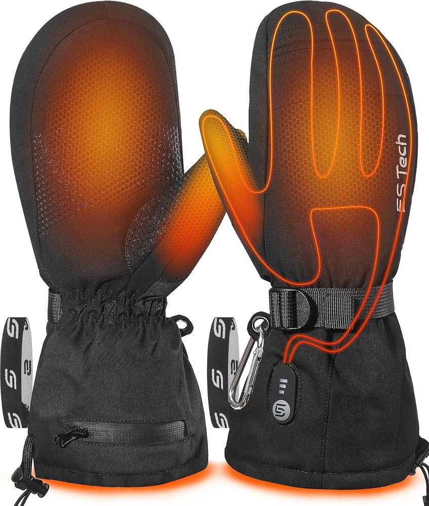 ES Tech Heated Gloves Mittens 7.4V Rechargeable Waterproof Ski X-Large BLACK