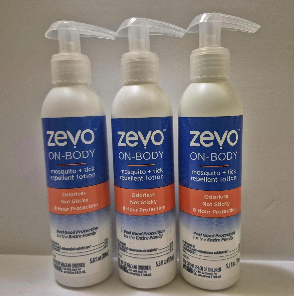 3-pack lot Zevo On-Body 8 Hour Mosquito Tick Repellent Lotion 5.8 oz odorless