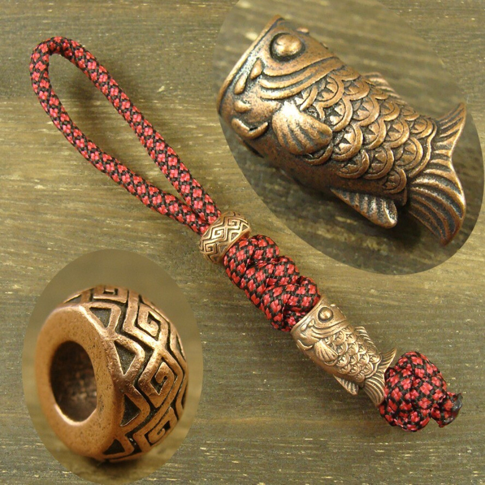 Red Copper “Fish” knife Lanyard Bead Paracord beads crafted for EDC gear XLH046