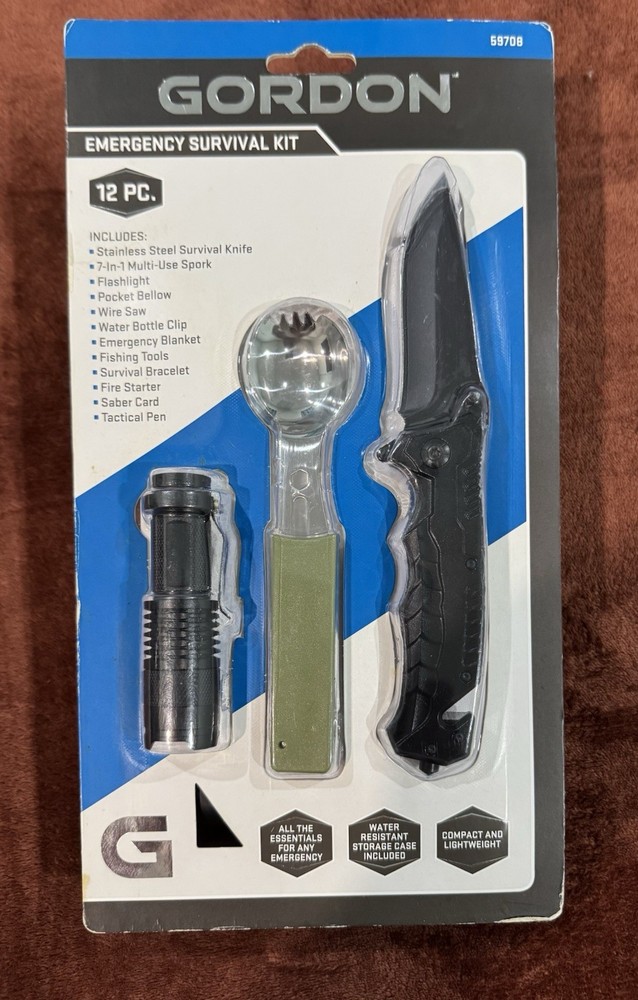 Gordon Waterproof Emergency Survival Kit 12 Pc Knife Spork Flashlight