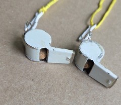 Two Vintage Metal Safety Coaching Whistles Made in Taiwan