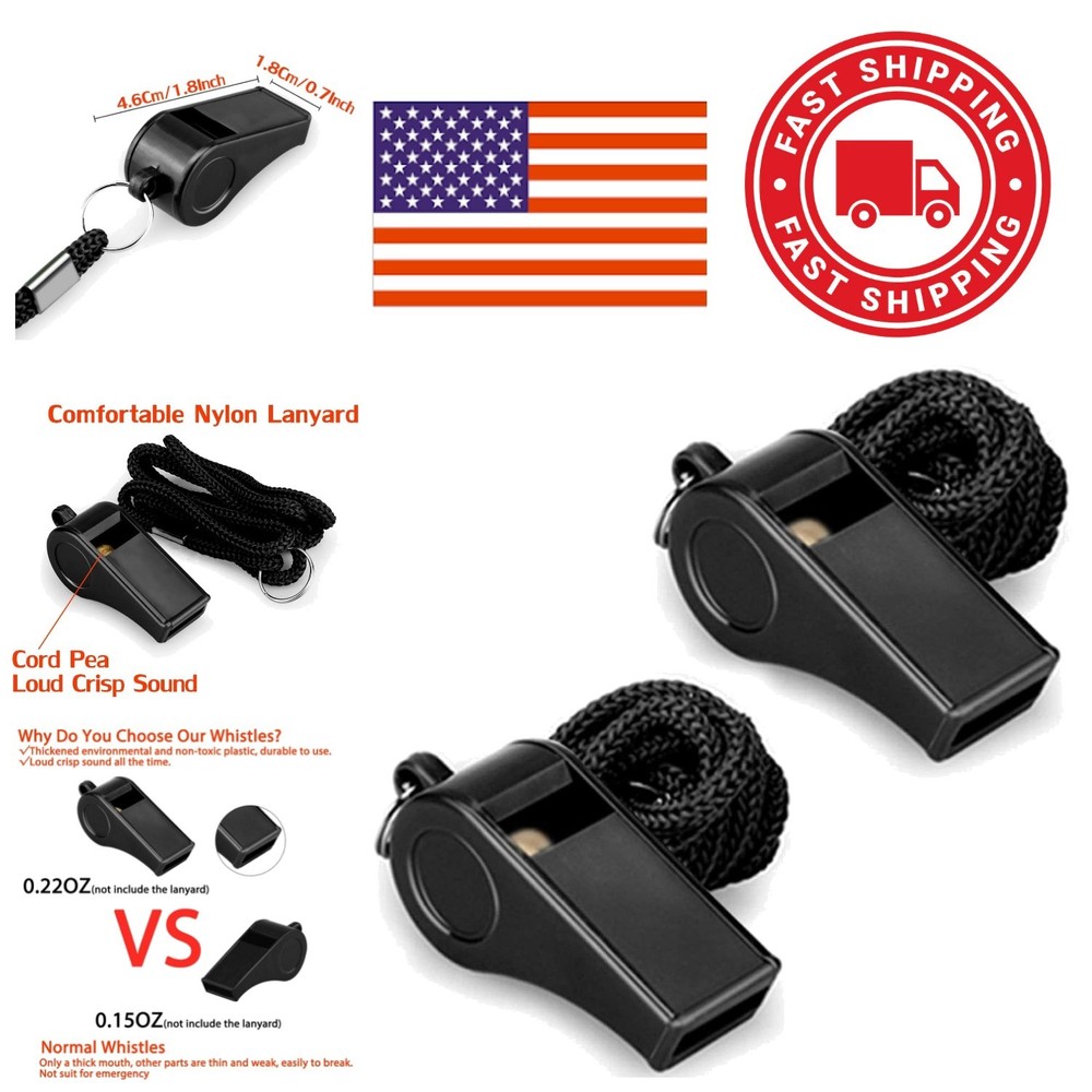 Plastic Sports Whistles 2 Packs Black Loud Crisp Sound with Lanyard for Coaches