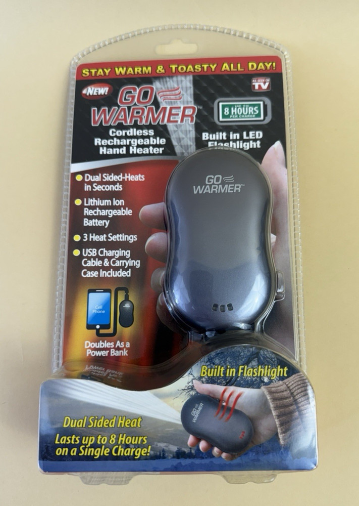 NEW & SEALED! Go Warmer Cordless Rechargeable Hand Heater & LED Flashlight – 8HR
