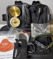 Survival & Tactical Gear, Kits Lot- Pocket Knife, Compass, Fishing Line & More