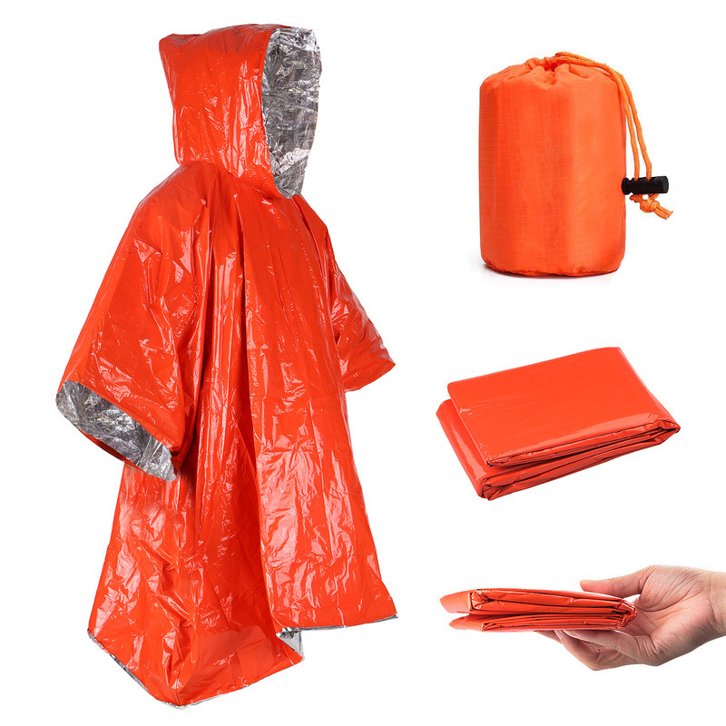 Emergency Survival Rain Poncho Coat Hiking Heat Reflective Waterproof
