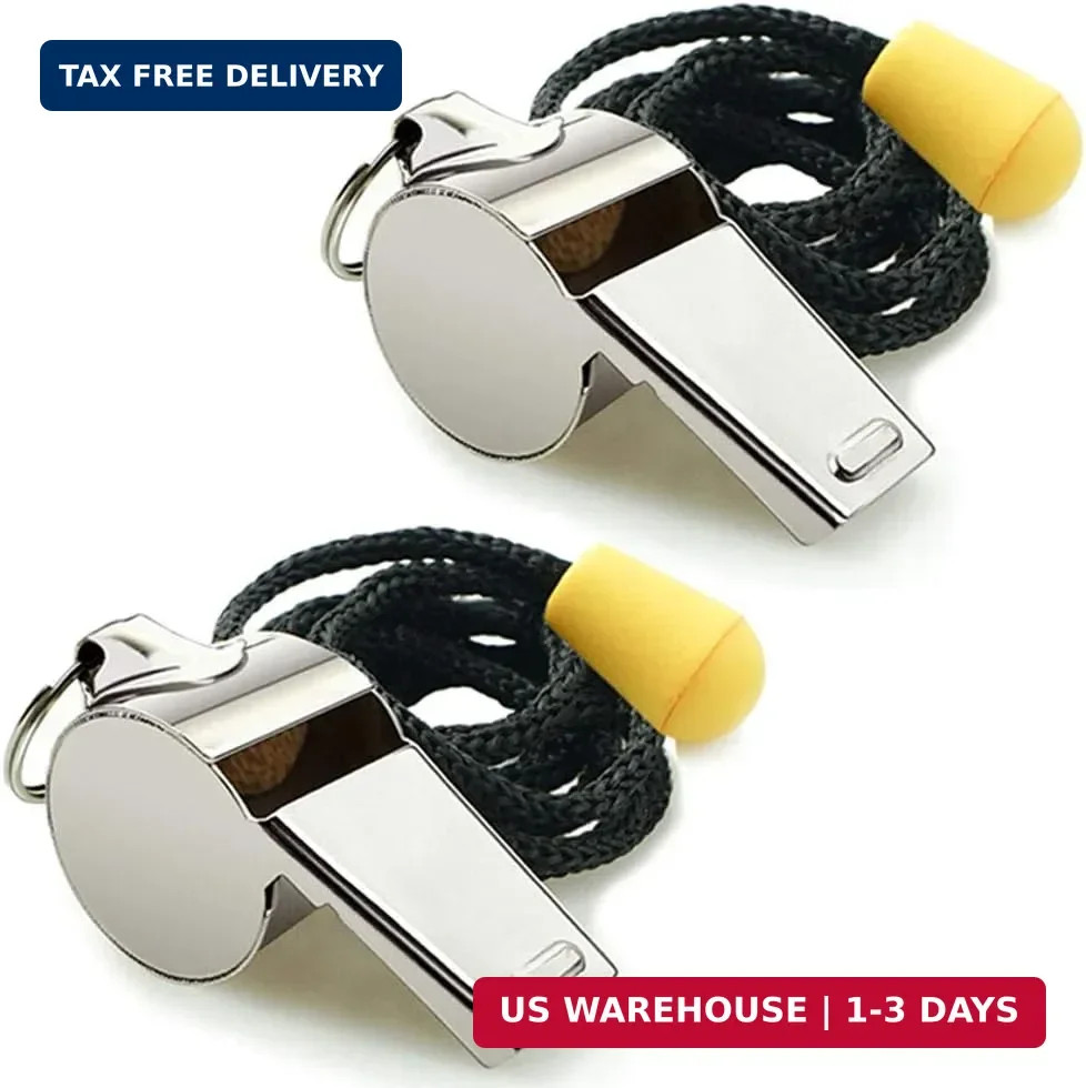 Whistle, 2 Pack Stainless Steel Sports Whistles with Lanyard, Loud Crisp Sound W