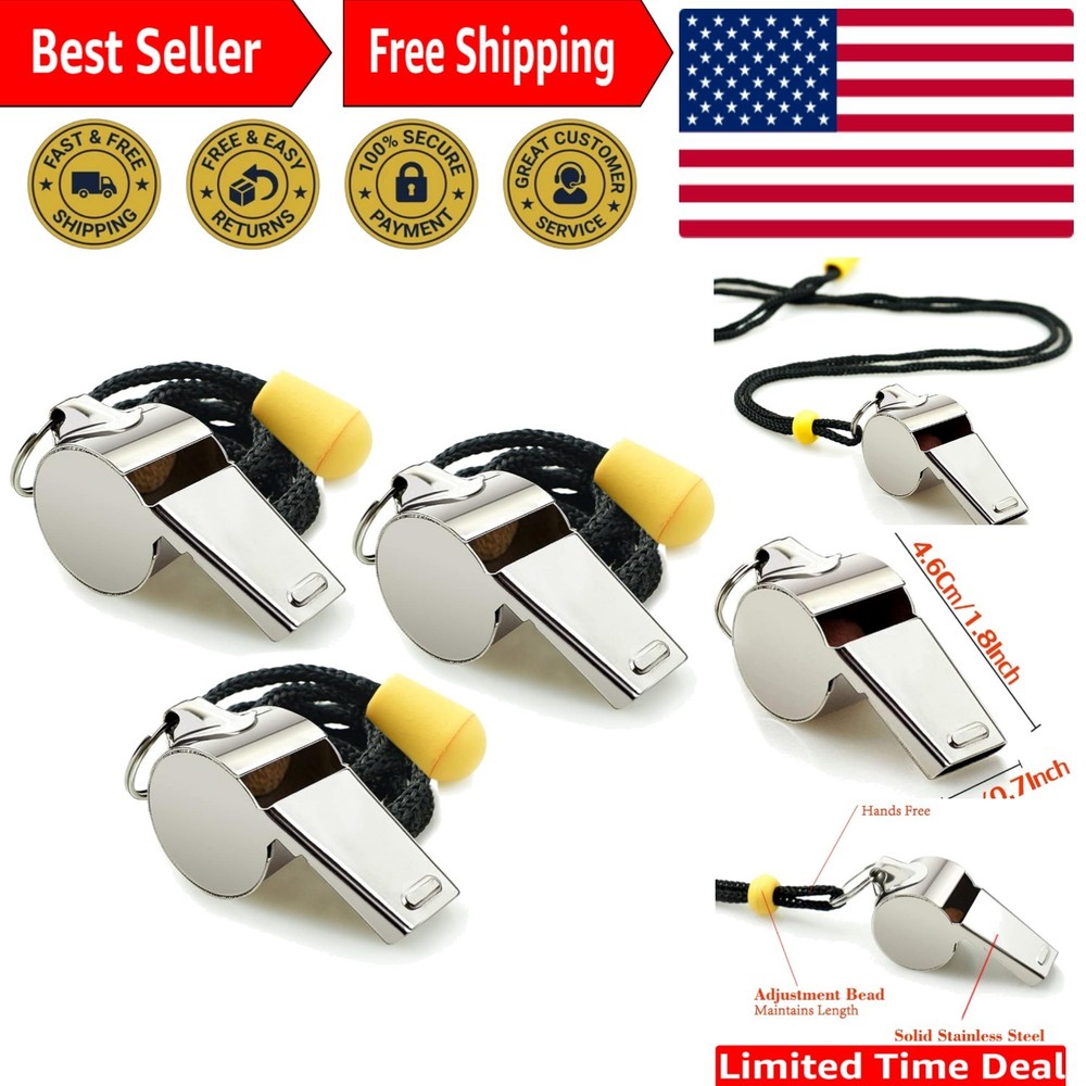 Ultra-Loud Stainless Steel Sports Whistles with Lanyard – 3 Pack for Officials