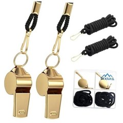 Whistle, 2 Pack Stainless Steel Sports Whistles with Lanyard, Loud Crisp Gold