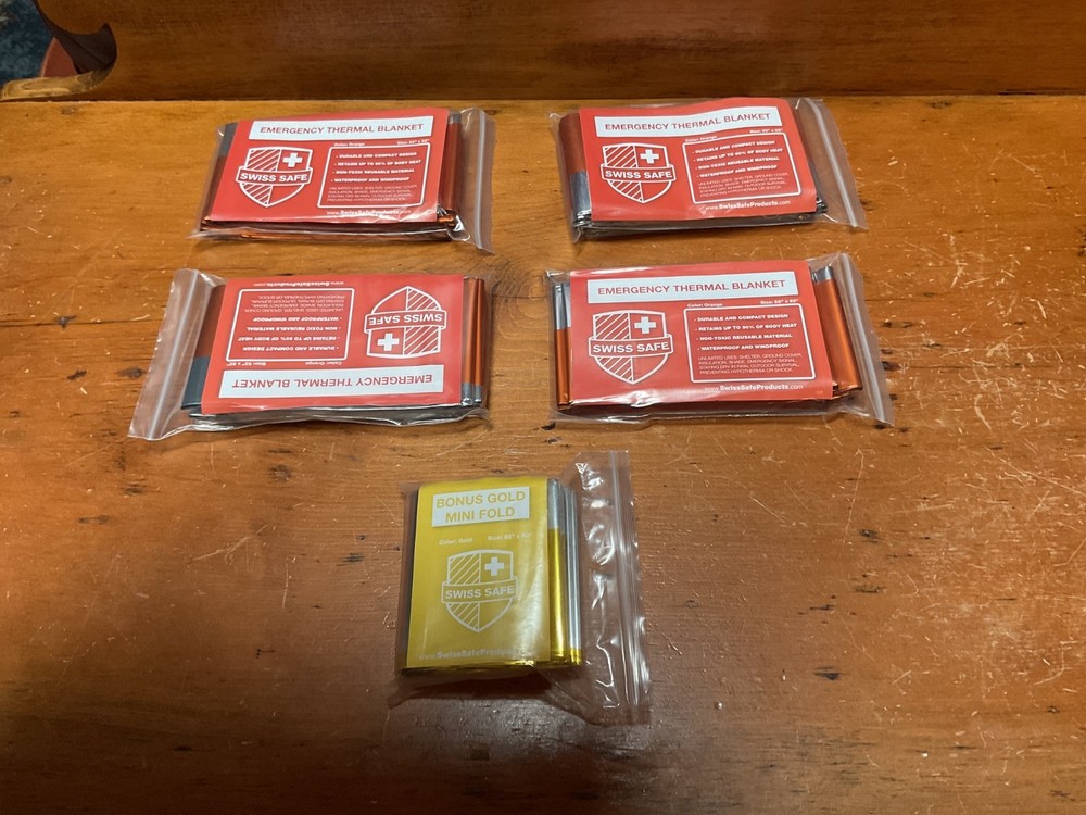 SWISS SAFE EMERGENCY MYLAR THERMAL BLANKETS 4 PACK 52 x 82 orange w/ bonus gold