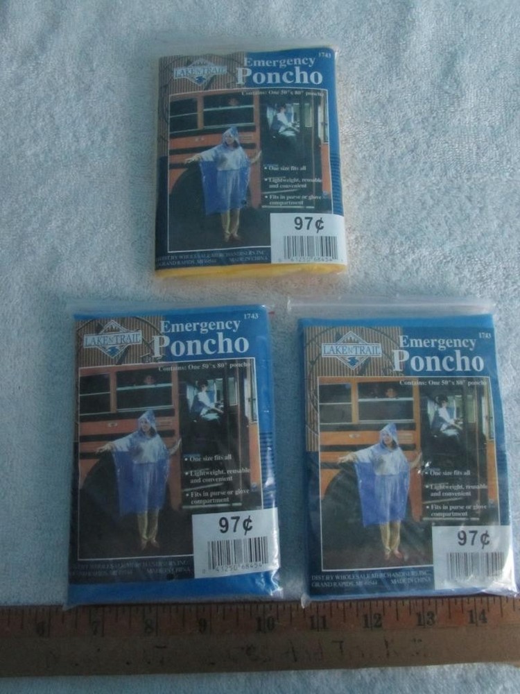 3 – Lake N Trail Emergency Rain Ponchos 2-Blue 1-Yellow 50″x 80″