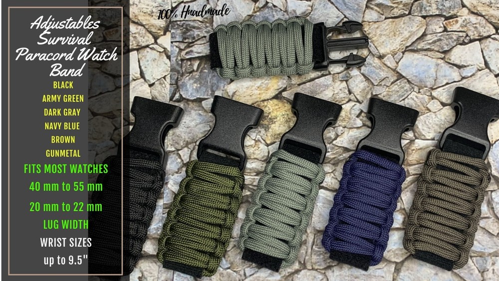 20 22mm Customized Black Blue Green Navy Adjustable Survival Paracord Watch Band