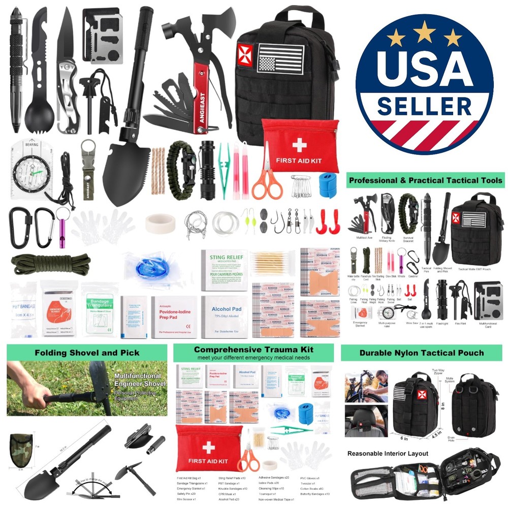 256-Piece Survival Kit & First Aid Gear in Durable Molle Pouch for Outdoor Sa…