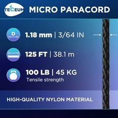 TECEUM Micro Paracord – Black – 1.18 mm x 125 ft – 125 ft,