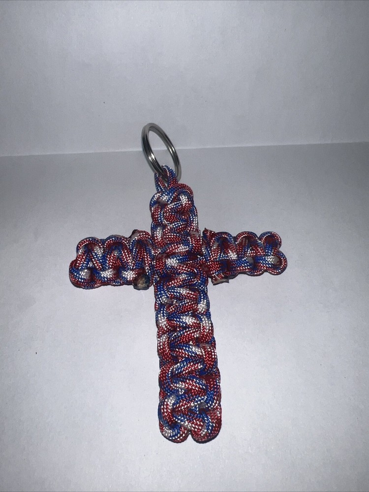 Paracord Red, White, & Blue Cross Keychain 4” X 3”