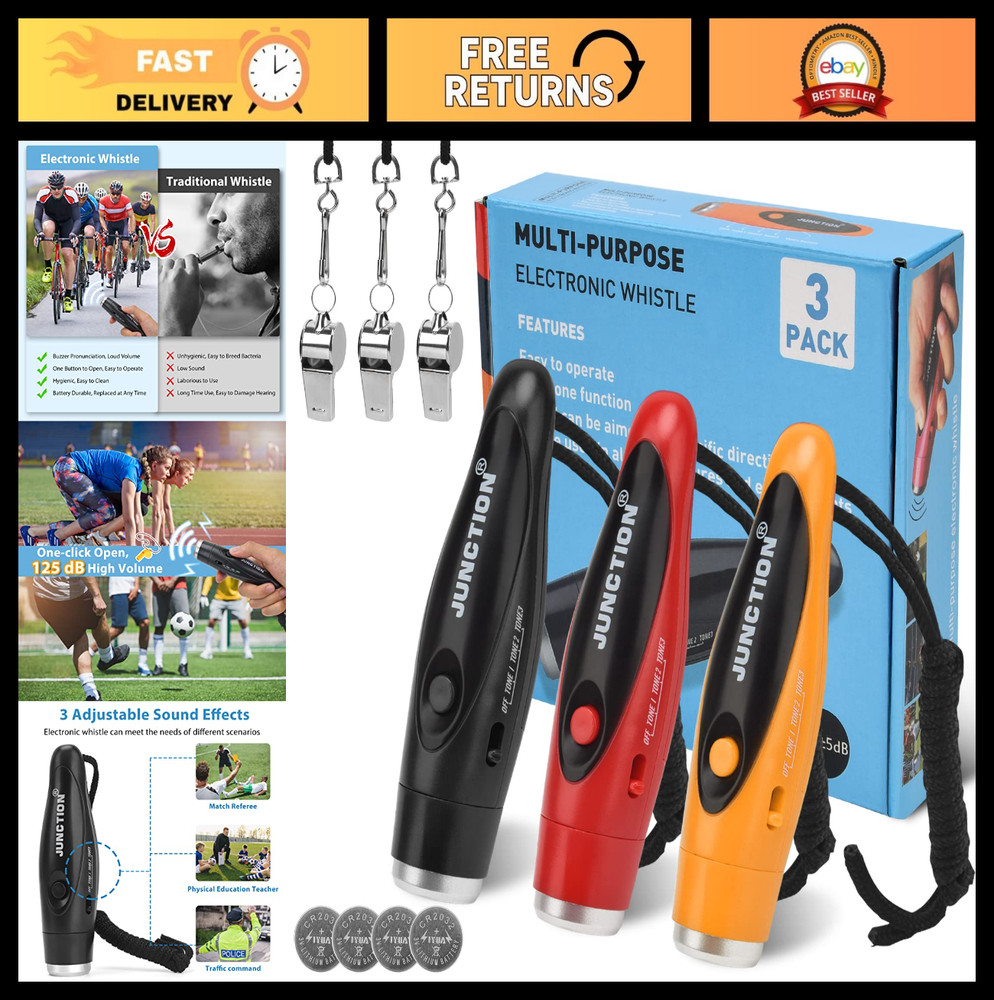 Loud Electric Whistles 3 Pack – High Volume 3 Tones for Coaches, Referees, Train