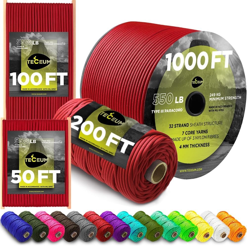 Paracord Type III 550 Red (Fire) – 1000 ft – 4mm – Tactical Rope MIL-SPEC