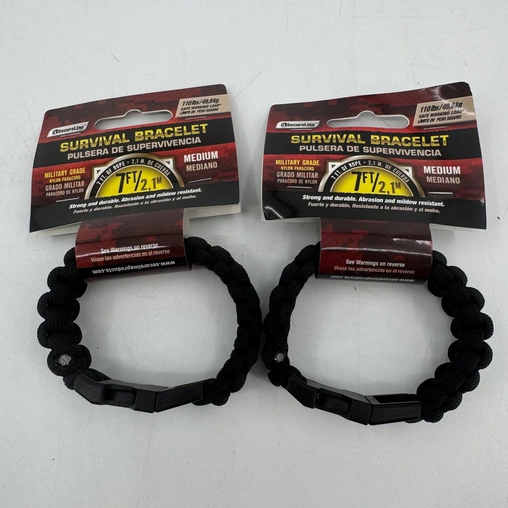 Lot of 2 SecureLine Survival Bracelet Military Grade Black Paracord Medium 7ft