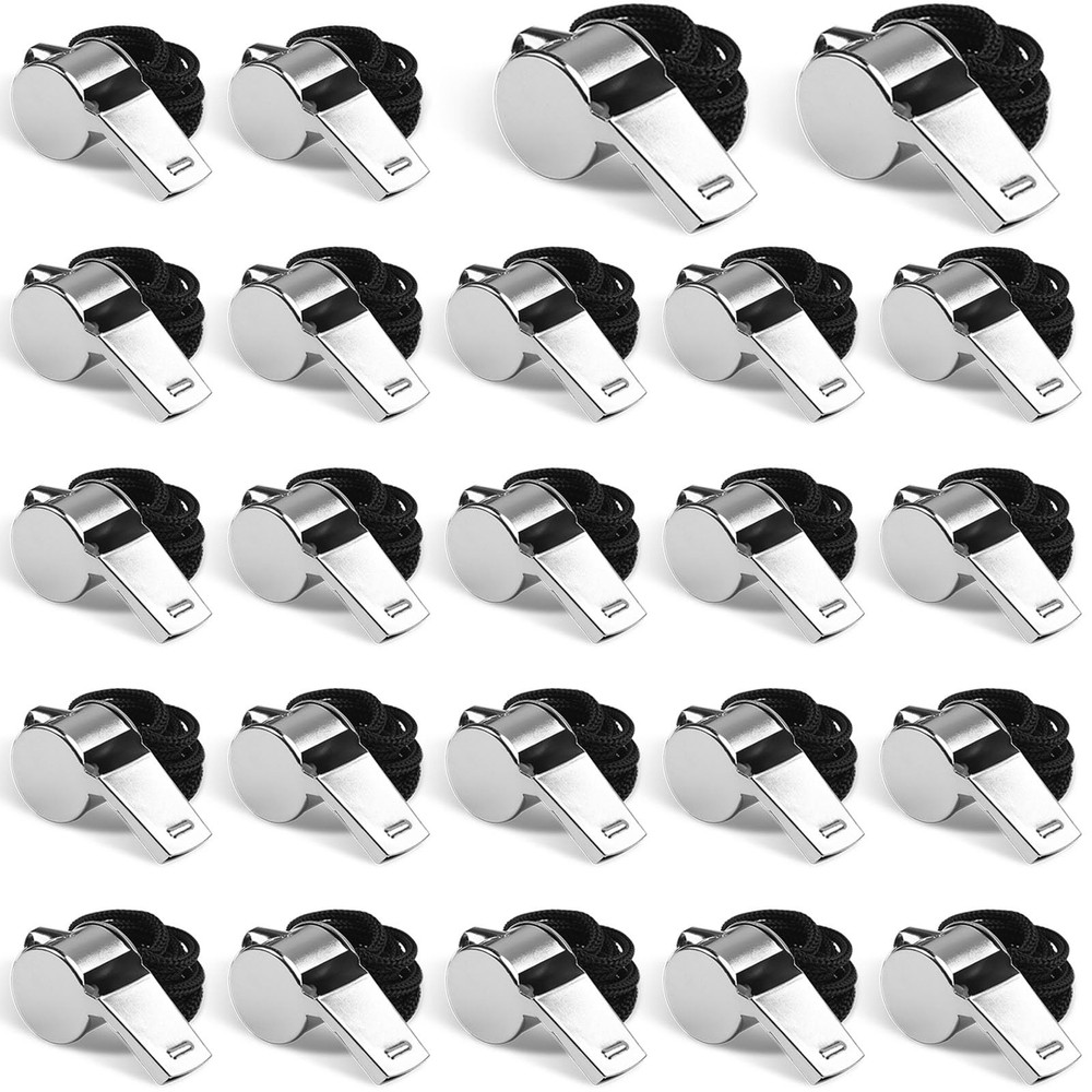 24-Pack Stainless Steel Whistles with Lanyards – Loud, Clear Sound for Coaches,