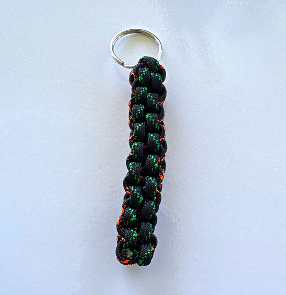 Black Green Orange Box Knot Paracord Keychain Fob w/ Key Ring, 4 in (1 Pack)
