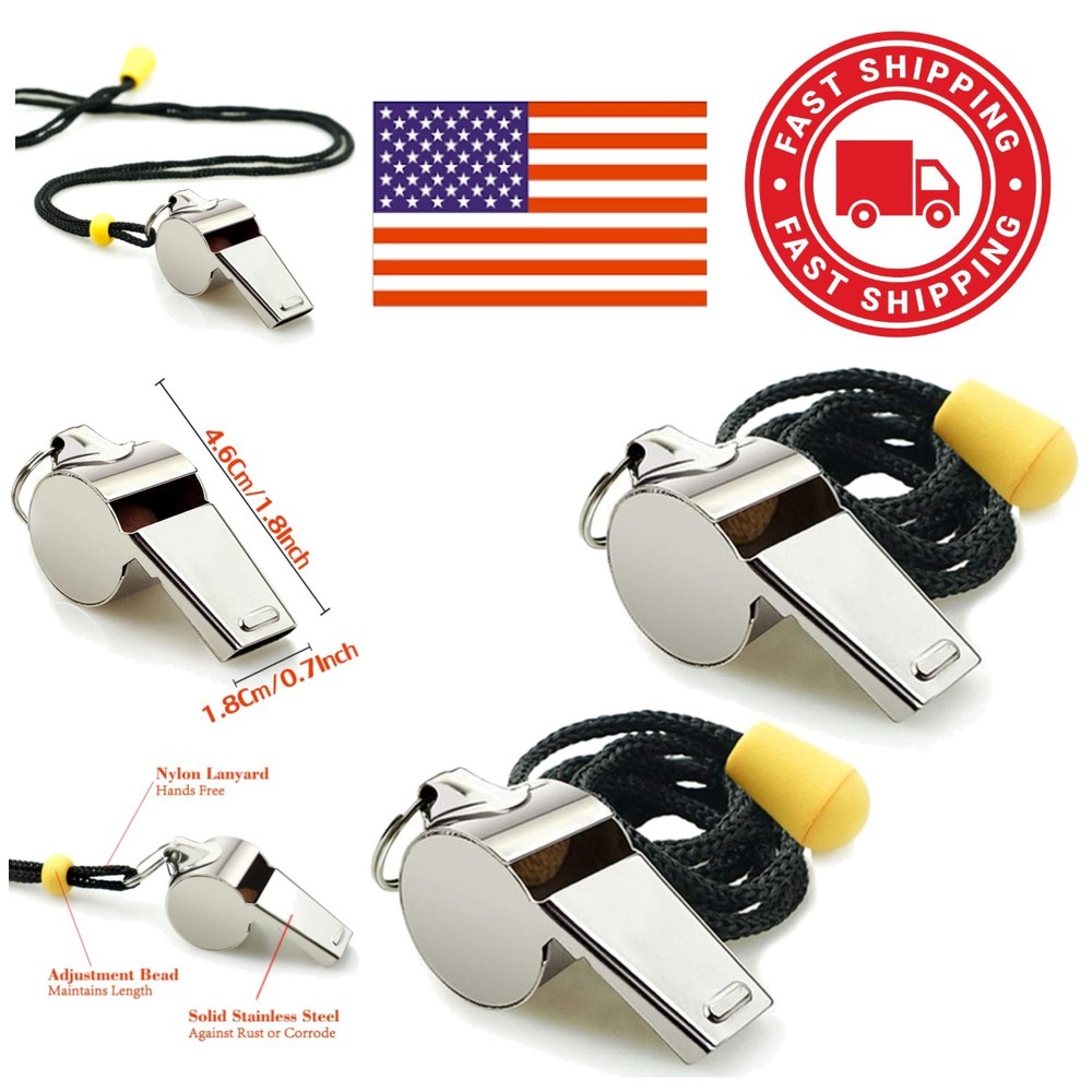 Stainless Steel Sports Whistles 2 Pack with Lanyard Loud Crisp Sound for Coaches