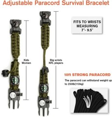 Durable Paracord Survival Bracelet with Whistle, Compass & LED Light – Green