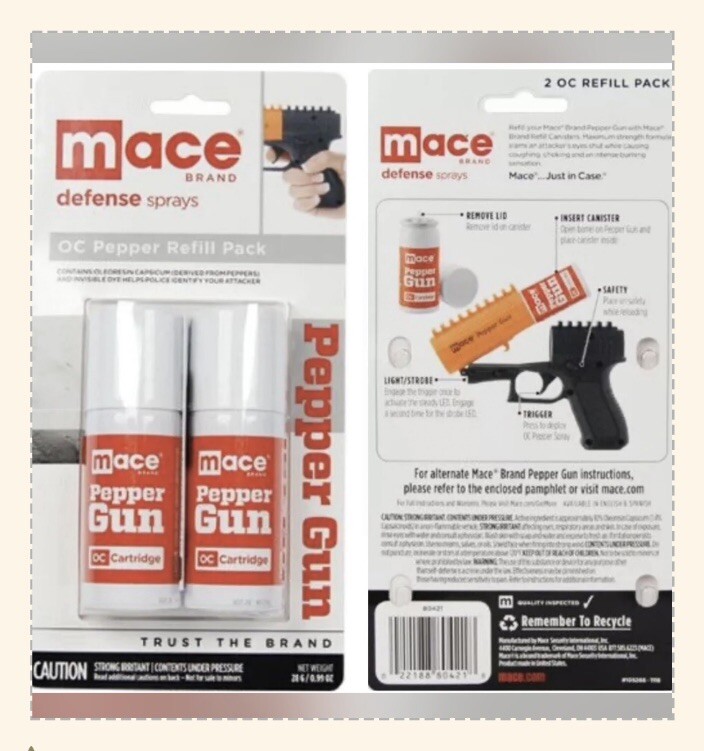 2 Mace POLICE PEPPER GUN Spray REFILL OC Cartridge Dual Pack Kit 4″ INVISIBL DYE