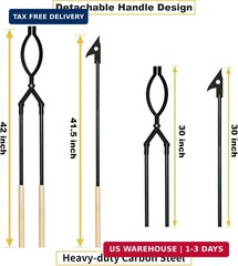 42″ Fire Tongs Firewood Log Grabbers and Fire Poker Set, Portable Detachable Hea