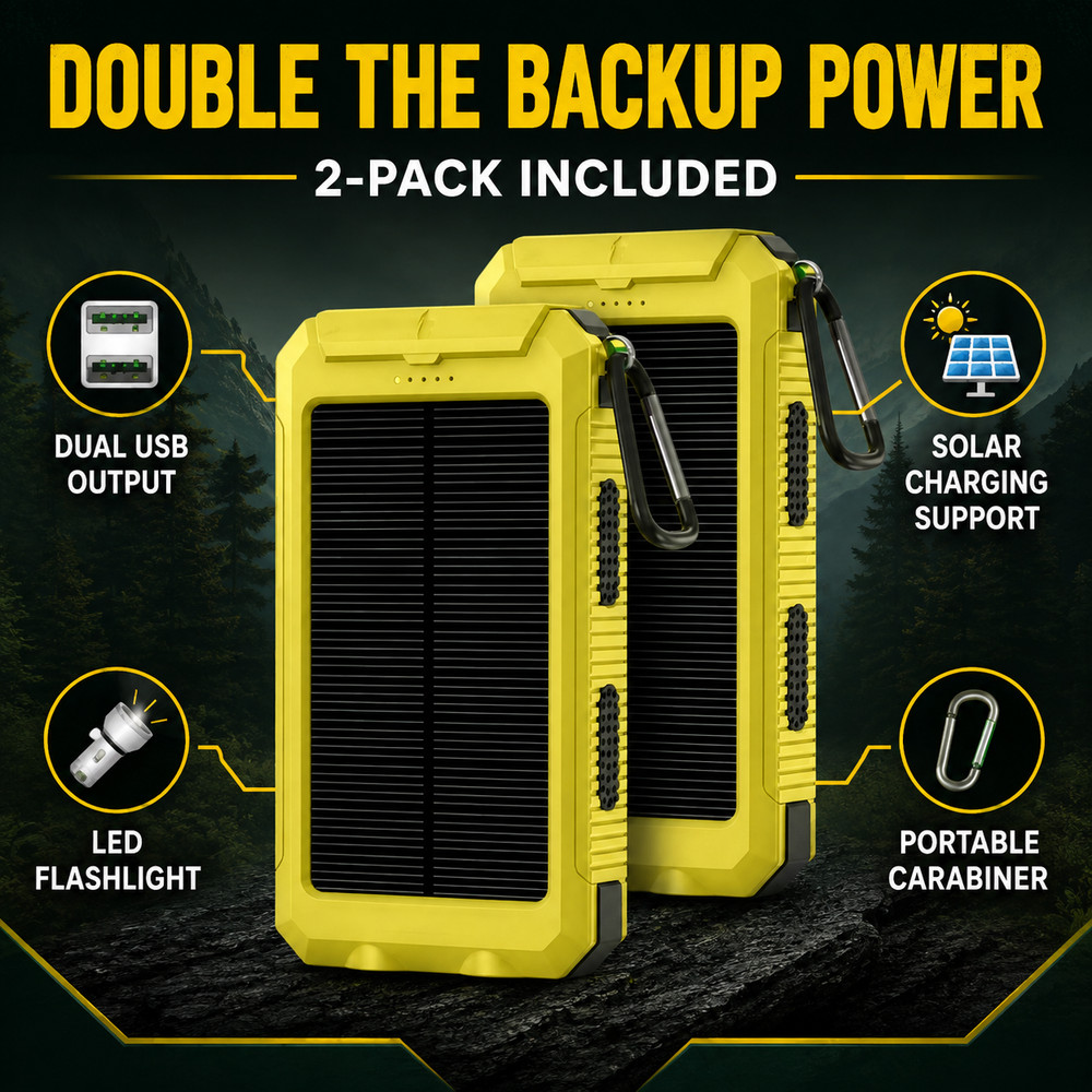 2 Pack 20000mAh Solar Power Bank Dual USB Fast Charger LED Torch Camping yellow