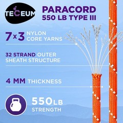 Teceum Paracord Type Iii 550 Reflective Neon Orange 200 Ft Tactical Rope