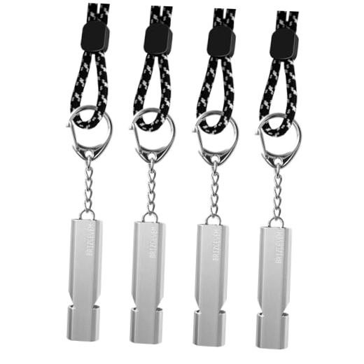 120dB Aluminum Emergency Survival Whistle with Lanyard & Keychain 4 Pack Silver