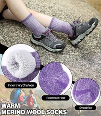 LINEMIN Kids Merino Wool Hiking Socks Boys Girls 4-7 Years, Purple/Pink/Gray